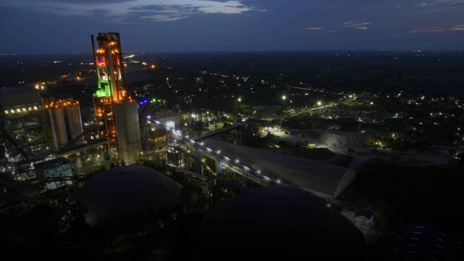 Dalmia cement plant illuminated at night