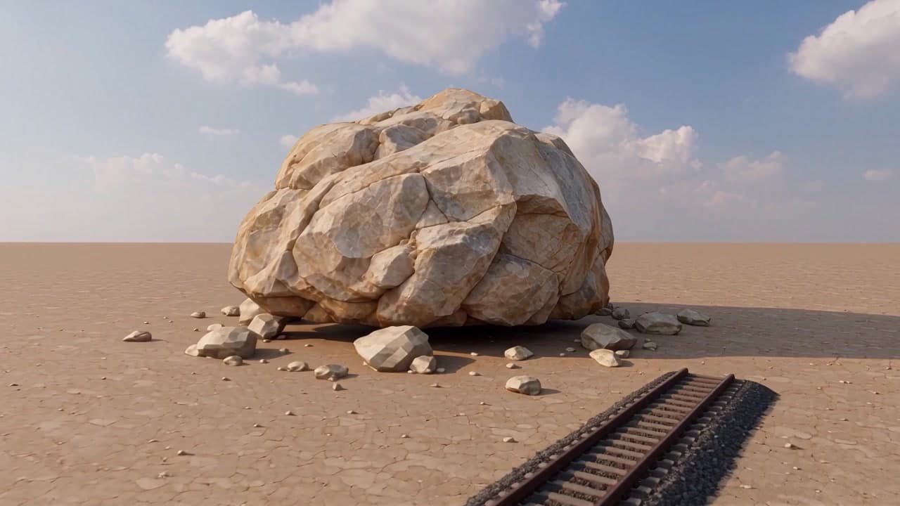 Monumental stone beside a railway line from the Cementing a Nation film